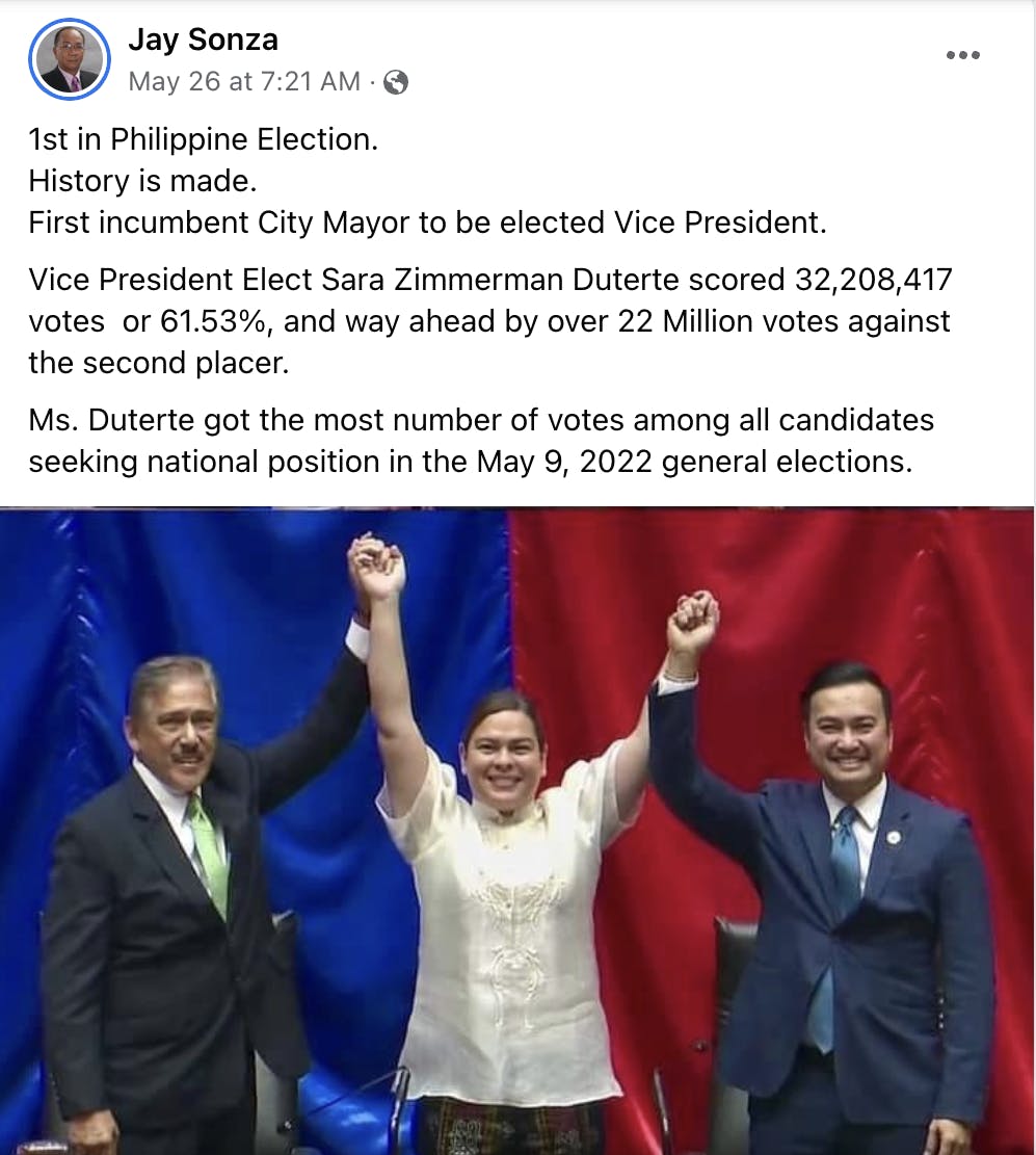 FACT CHECK: FB Post Claiming Sara Duterte-Carpio Is First Incumbent Mayor Elected As VP Is False